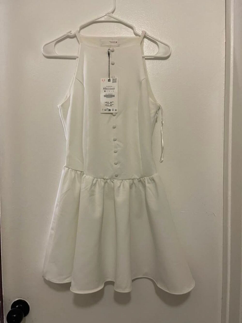 NWT Zara White Faux Button Front Lace Inset Drop Waist Dress Size XS
